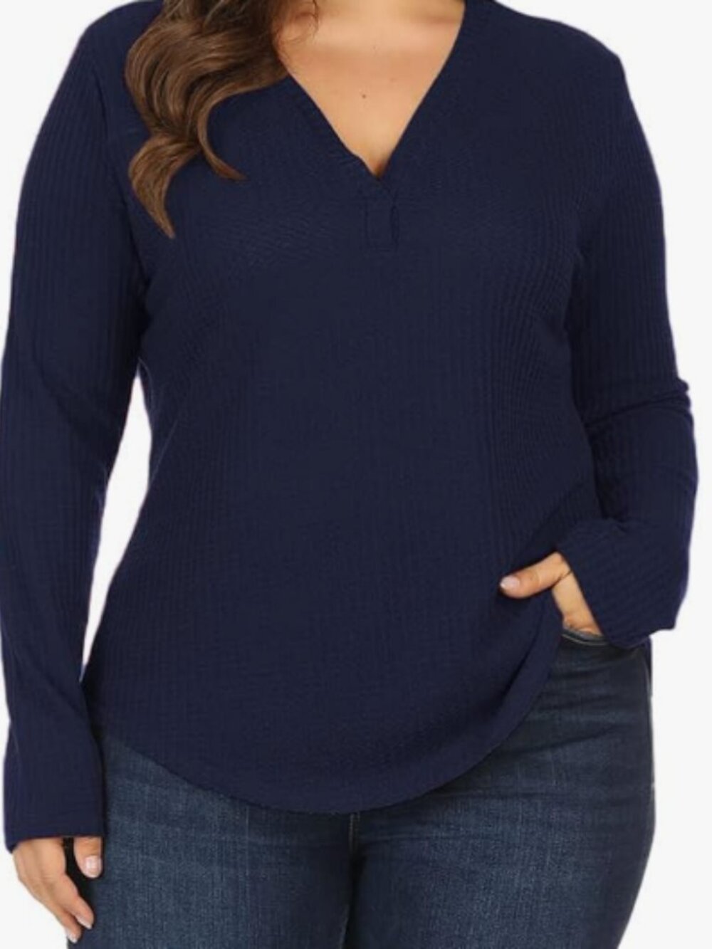 ALLEGRACE Women’s Plus Size 3X Navy Blue Waffle Knit V-Neck Pullover Top